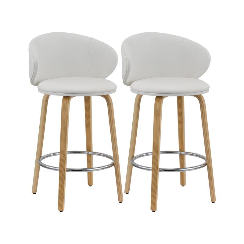 HomeRoots Set of Two 26" White and Brown Faux Leather and Solid Wood Low Back Counter Height Bar Chairs