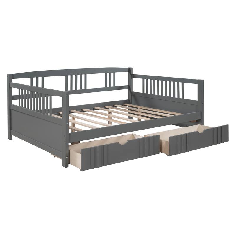Daybed with Two Drawers, Solid Wood Frame, Guardrails, No Box Spring Needed