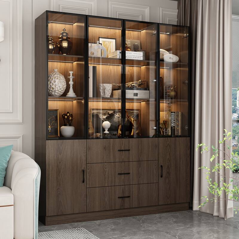 LED-Lit Wood Grain Cabinet - Configurable Storage for Home or Office