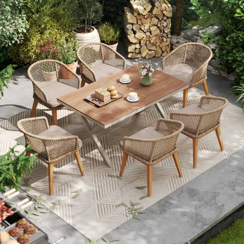 Outdoor 7-Piece Dining Set Chair with Rope-woven Backrest and Table - Beige