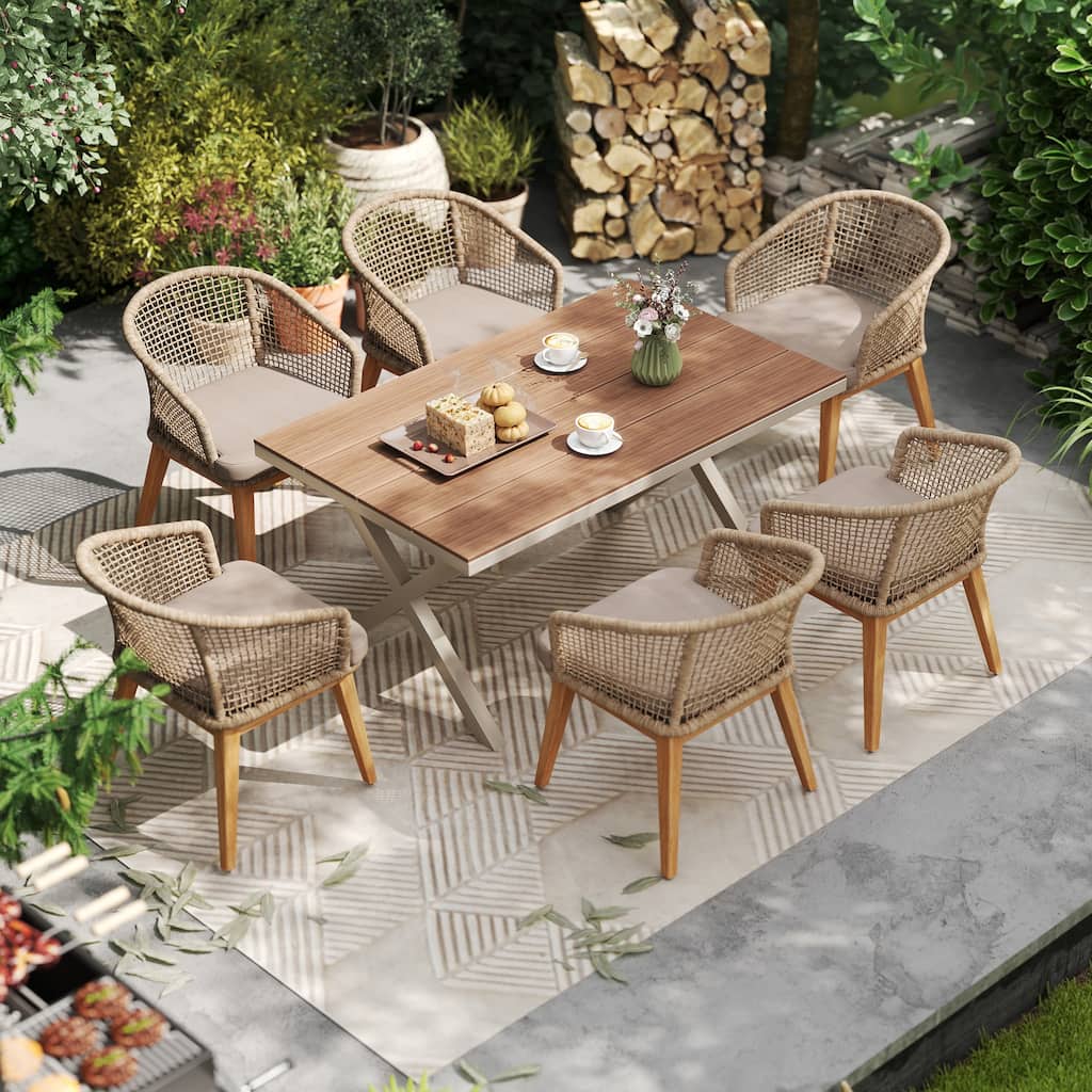 Outdoor 7-Piece Dining Set Chair with Rope-woven Backrest and Table