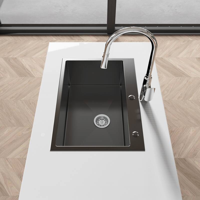 Modern Black 27 Inch Single Bowl Countertop Kitchen Sink 304 Stainless Steel Overmount with Lift and Turn Drain