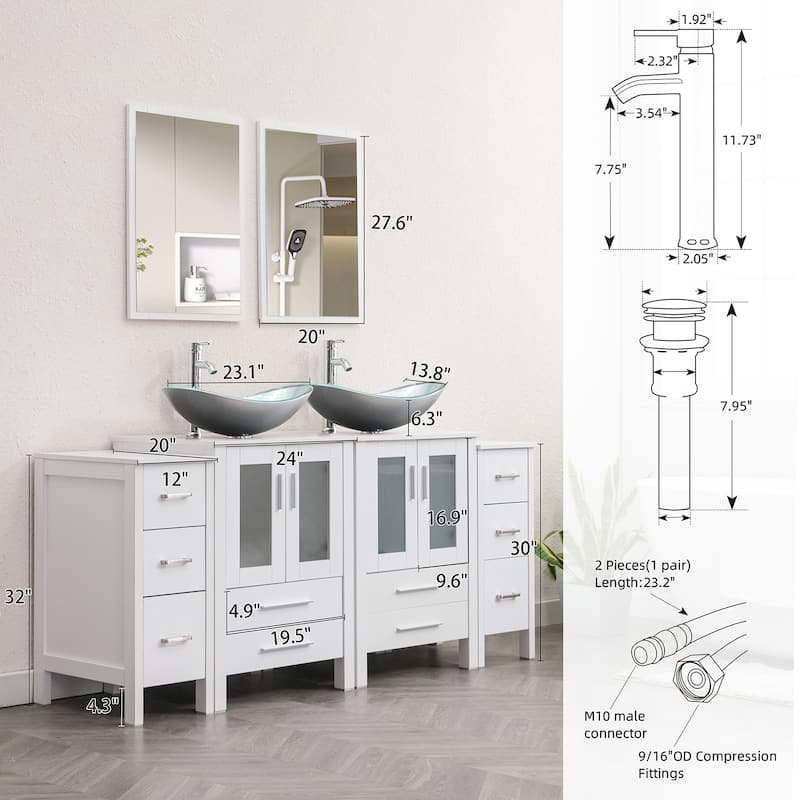 72" Bathroom Vanity Set Glass Ceramic Vessel Sink Side Cabinet Combo