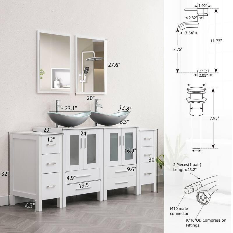 72" Bathroom Vanity Set Vessel Sink Cabinet Mirror Combo