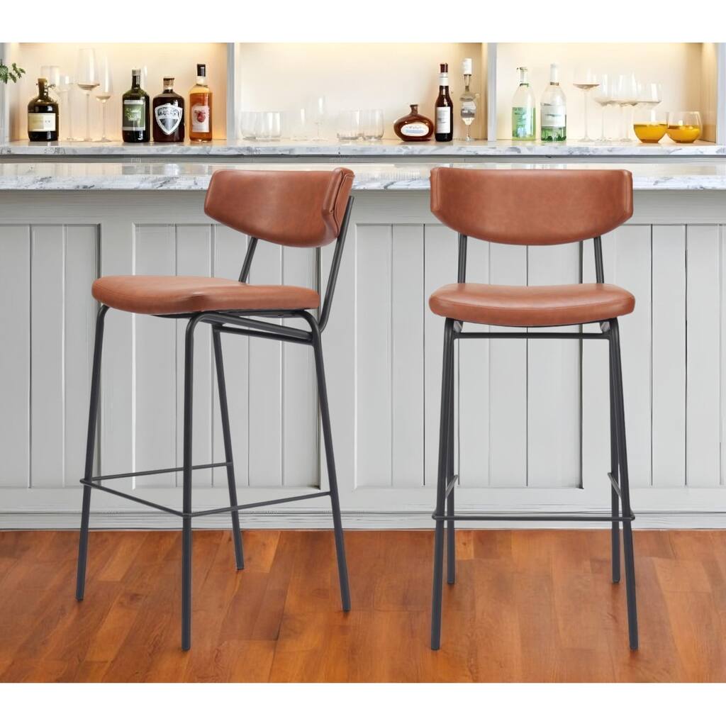 Set of Two 26" Brown And Black Faux Leather And Steel Counter Height Bar Chairs