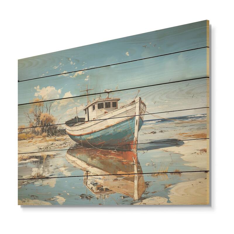 DESIGN ART "Blue And White Boat Scenery" Coastal Boat Wood Wall Art Nautical & Coastal Wood Panel On Natural Pine Wood