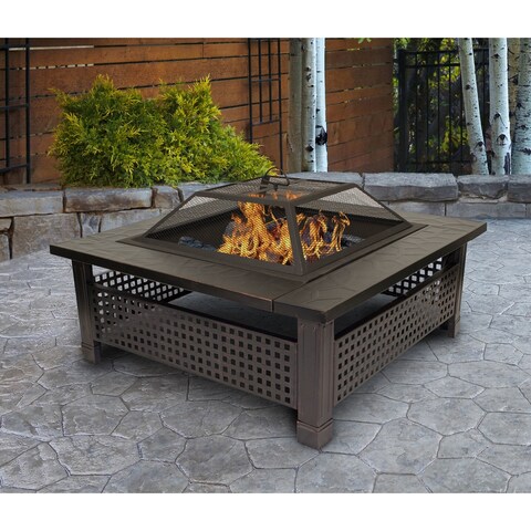Outdoor Leisure Products 30 inch Square Steel Firepit with Checkerboard Mesh Walls and Oil Rubbed Bronze Finish