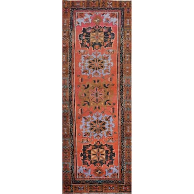 Hand Knotted Oriental 100% Wool Carpet Traditional Geometric Oranges & Rust Heriz Runner Rug - 9' 11'' X 3' 5''