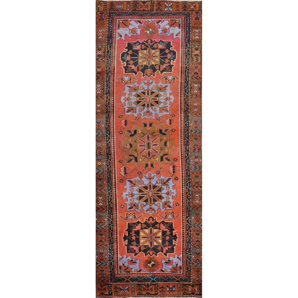 Hand Knotted Oriental 100% Wool Carpet Traditional Geometric Oranges & Rust Heriz Runner Rug - 9' 11'' X 3' 5''