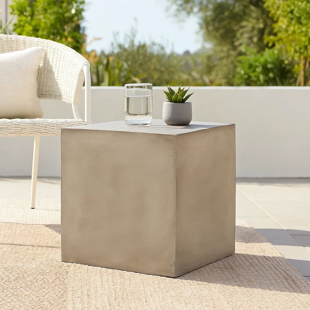 Ebec Outdoor Side Table, Modern Cube Light Gray Faux Concrete, 22 Inch