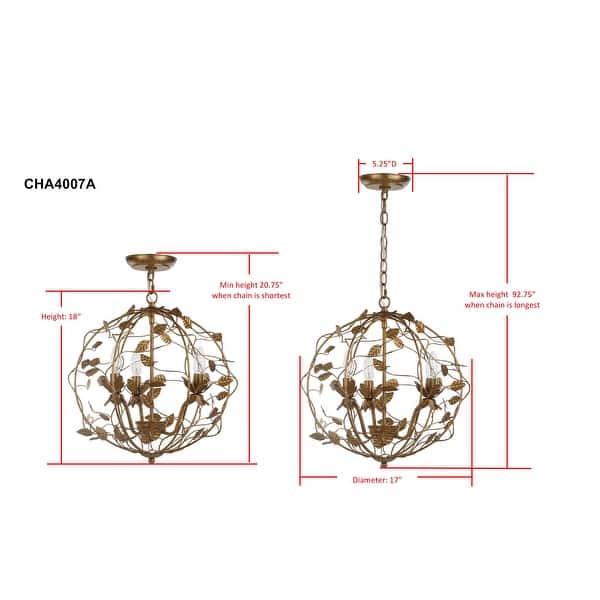 SAFAVIEH Lighting Austen Adjustable 3-light LED Gold Leaf Cage Chandelier - 17" x 17" x 20.75-92.75"