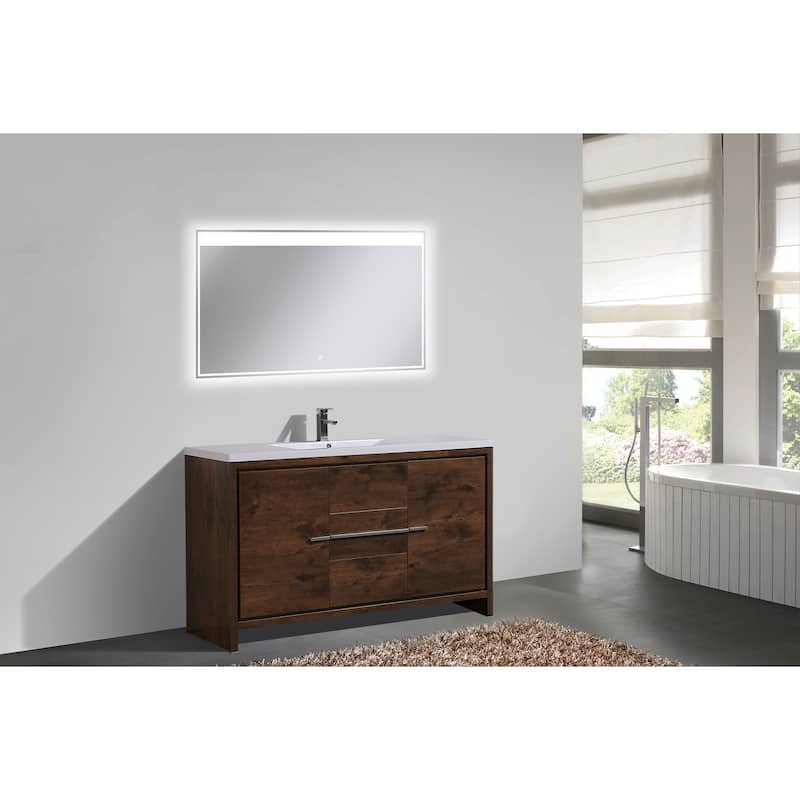 dolce 60 natural oak finish freestanding bath vanity with single basin reinforced acrylic top