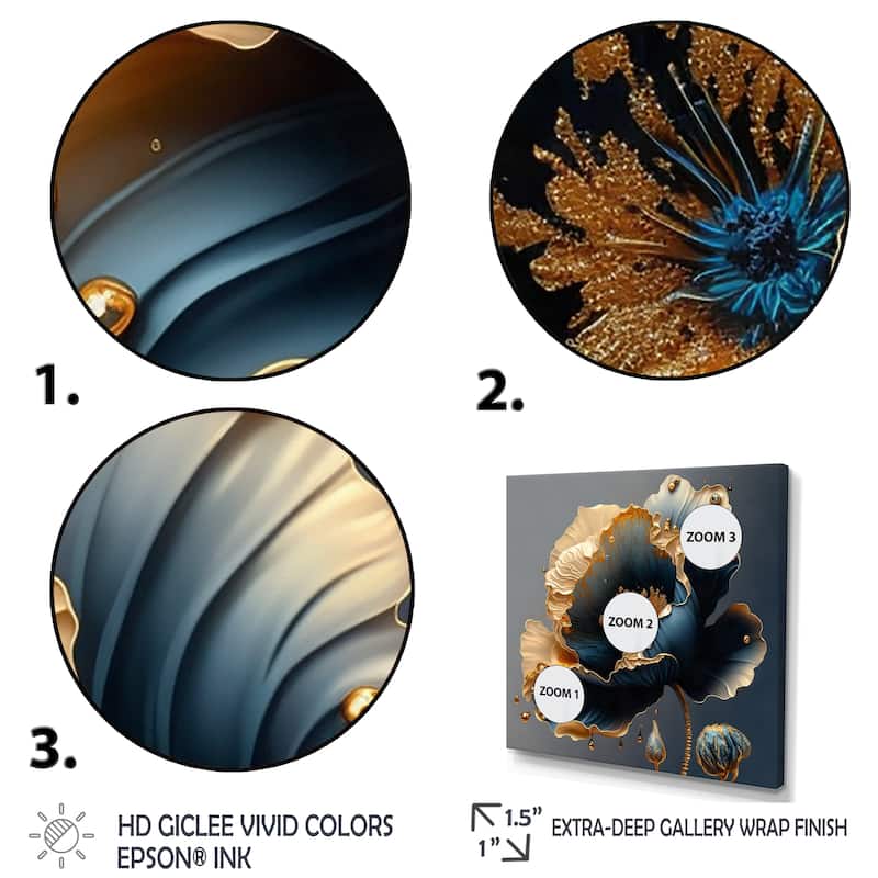 Designart 'Deep Blue And Gold Single Flower IV' Floral & Botanical Canvas Wall Art