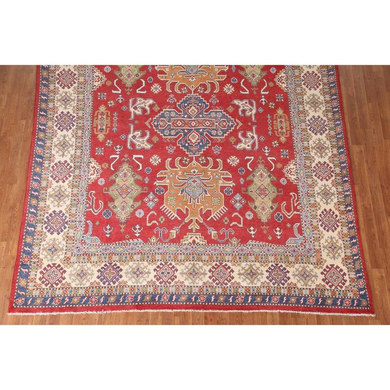 Geometric Kazak Oriental Area Rug Handmade Red Wool Carpet - 8'0" x 9'8"