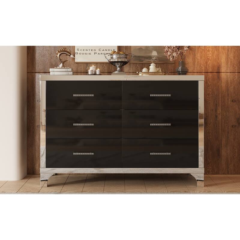 Elegant High Gloss Dresser with Metal Handle,Mirrored Storage Cabinet with 6 Drawers for Bedroom