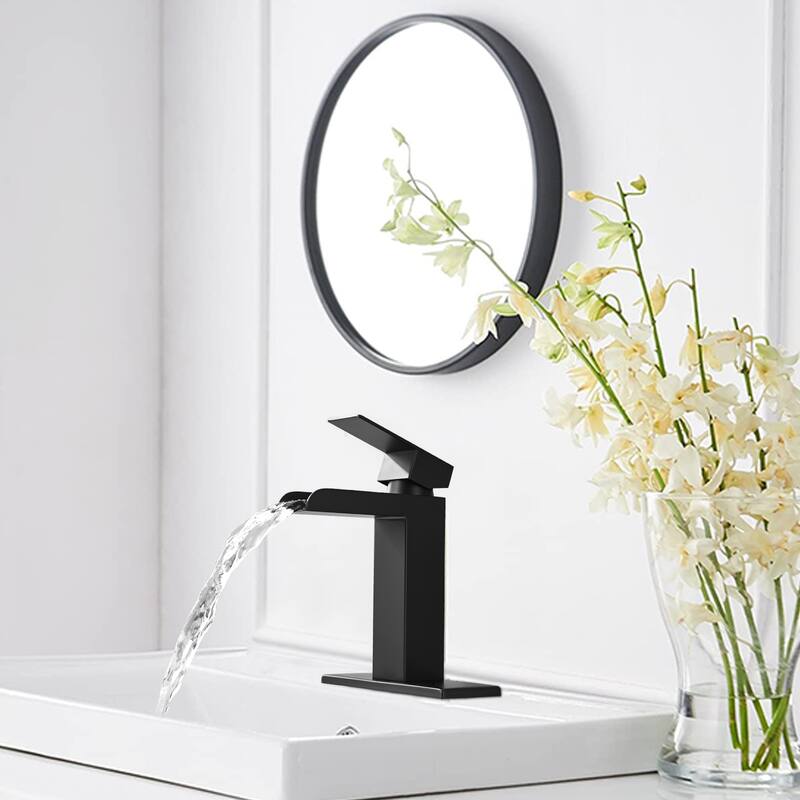 Modern Waterfall Single Handle Bathroom Sink Faucet with Overflow Pop Up Drain, Anti Corrosion and Rust Resistant - Black