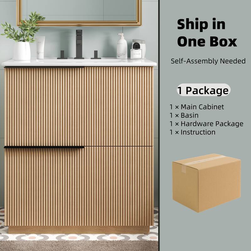 30" Bathroom Vanity with Ceramic Sink and Full-Extension Drawers, Soft Close Undermount Drawer Slides, Fluted Design, Natural