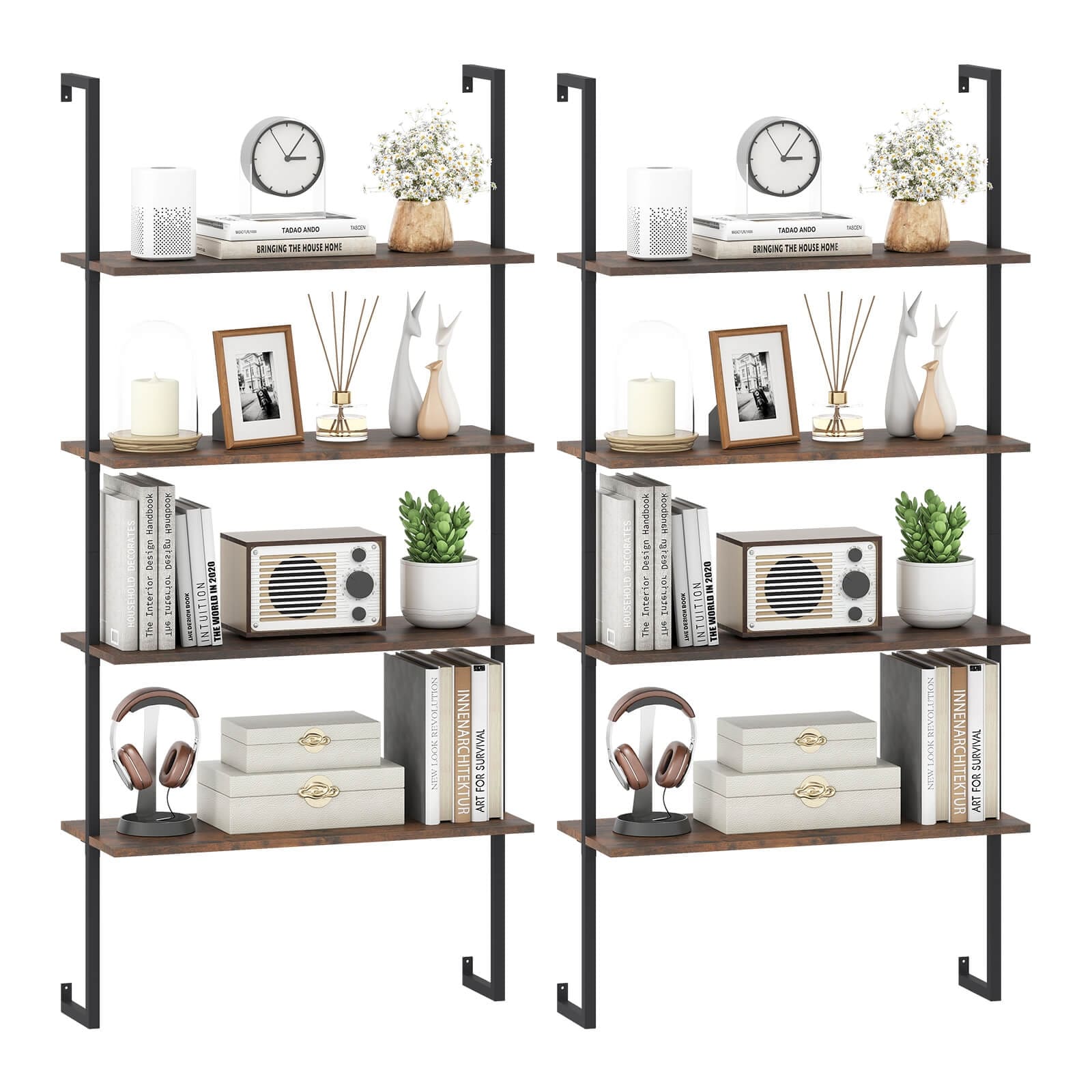 Costway 2 PCS 4-Tier Ladder Shelf Bookshelf Industrial Wall Shelf with - See Details