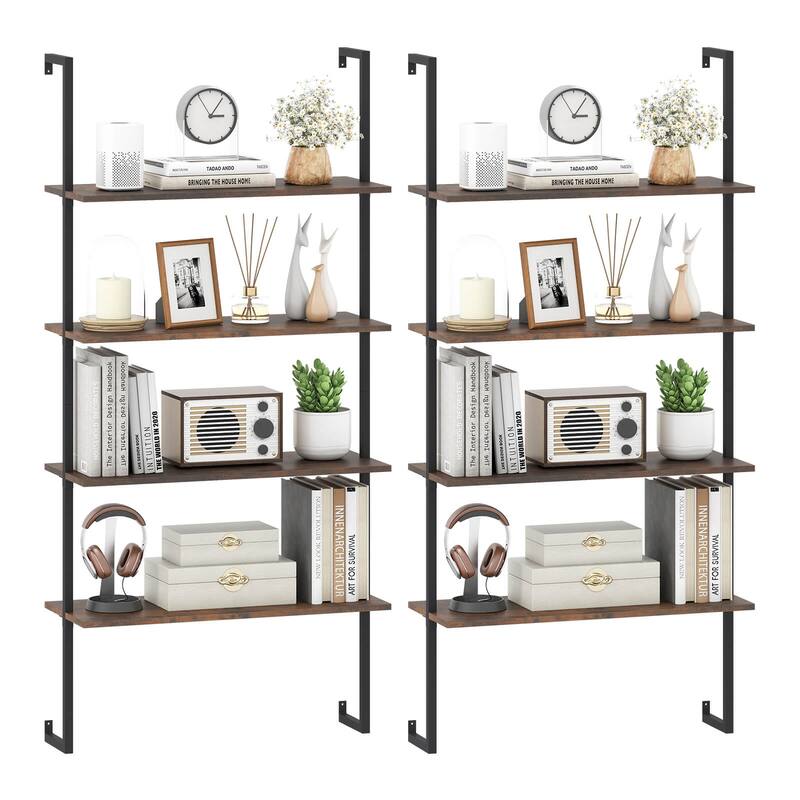 Costway 2 PCS 4-Tier Ladder Shelf Bookshelf Industrial Wall Shelf with - See Details - Brown - See Details