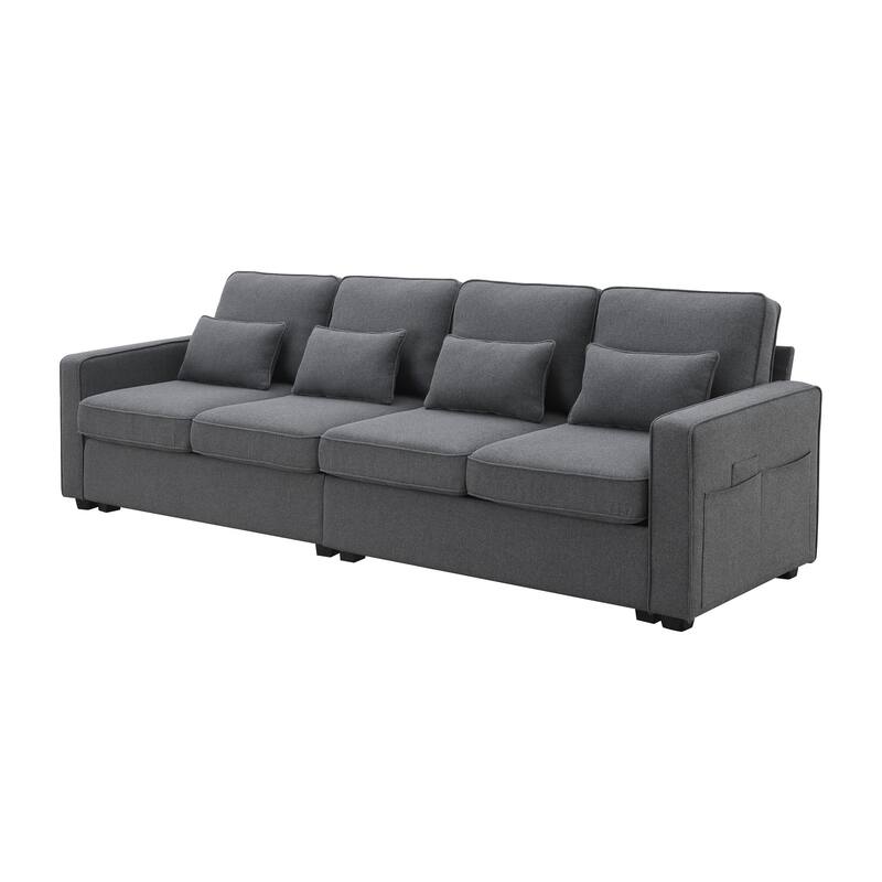 Modern 104" 4-Seater Linen Sofa with Storage Pockets and Pillows for Living Room