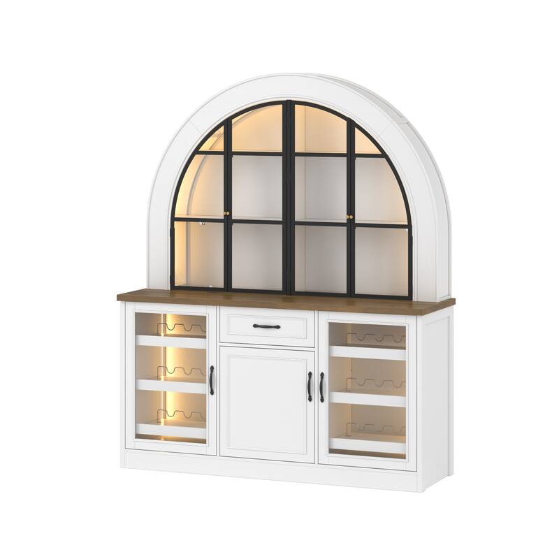 63" Arched Bar Cabinet with LED Lights Wine Bar Cabinet with Glass Doors, Liquor Storage Cabinet with Wine Rack