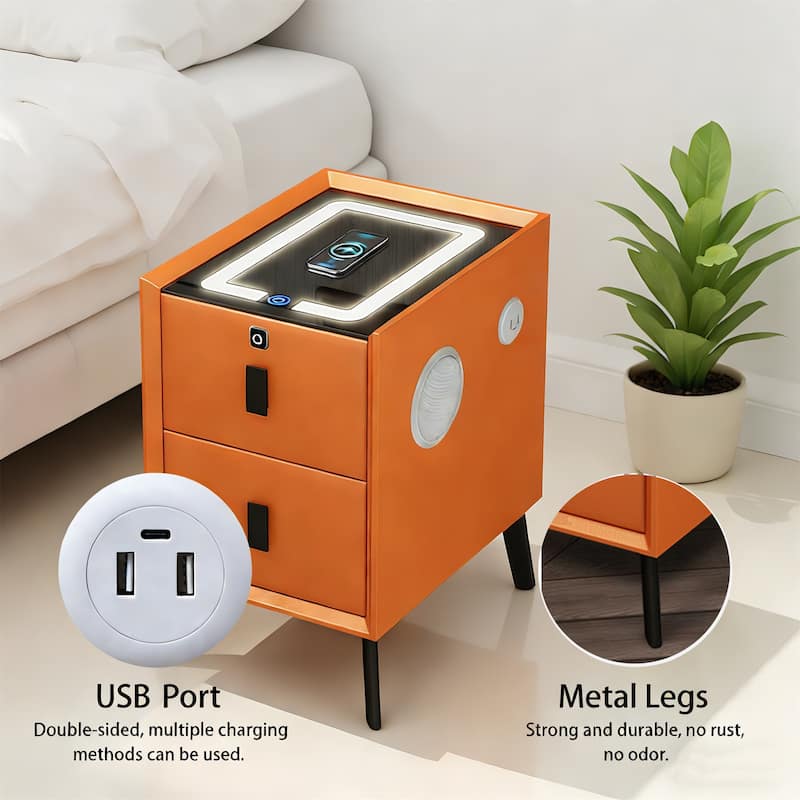 Modern 2 Drawer Smart Lighted Nightstand with Charging Station