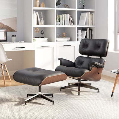 Full Grain Leather Modern Mid Century Lounge Chair and Ottoman