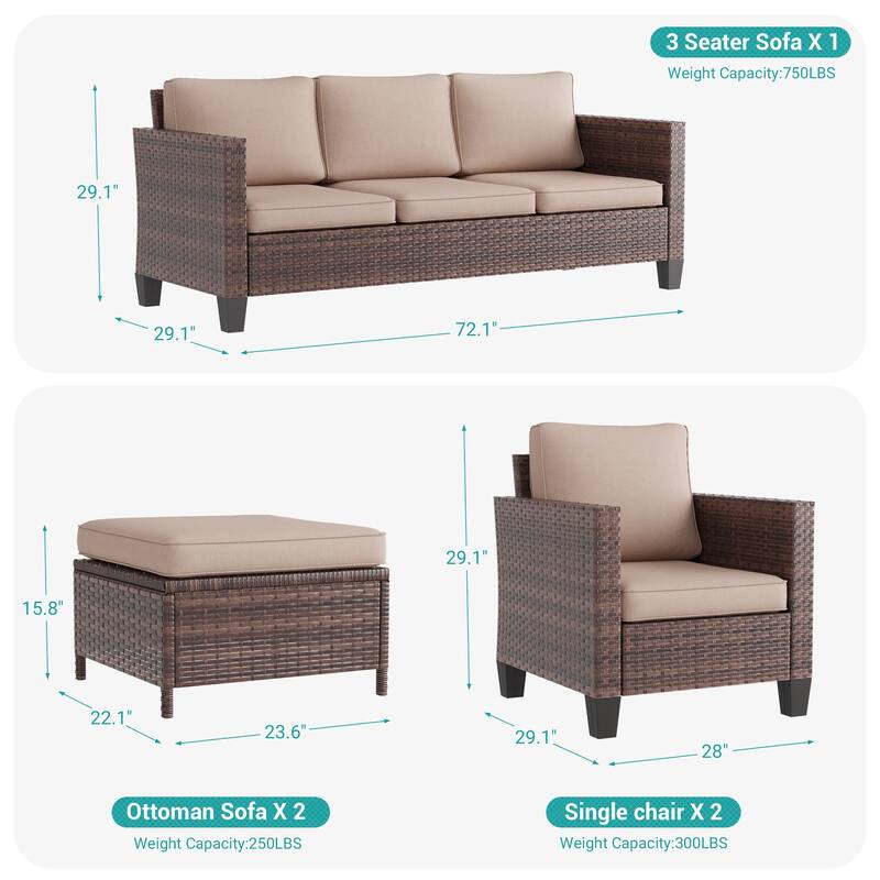 BONOSUKI 5-Piece Patio Sofa Sets Brown Rattan Outdoor Furniture Set