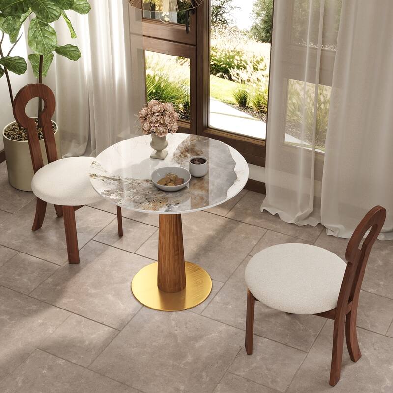 33" Retro Round Side Table, Glass & Sintered Stone Tabletop Dining Table with Solid Wood Pedestal - Marble Tabletop-Pandora