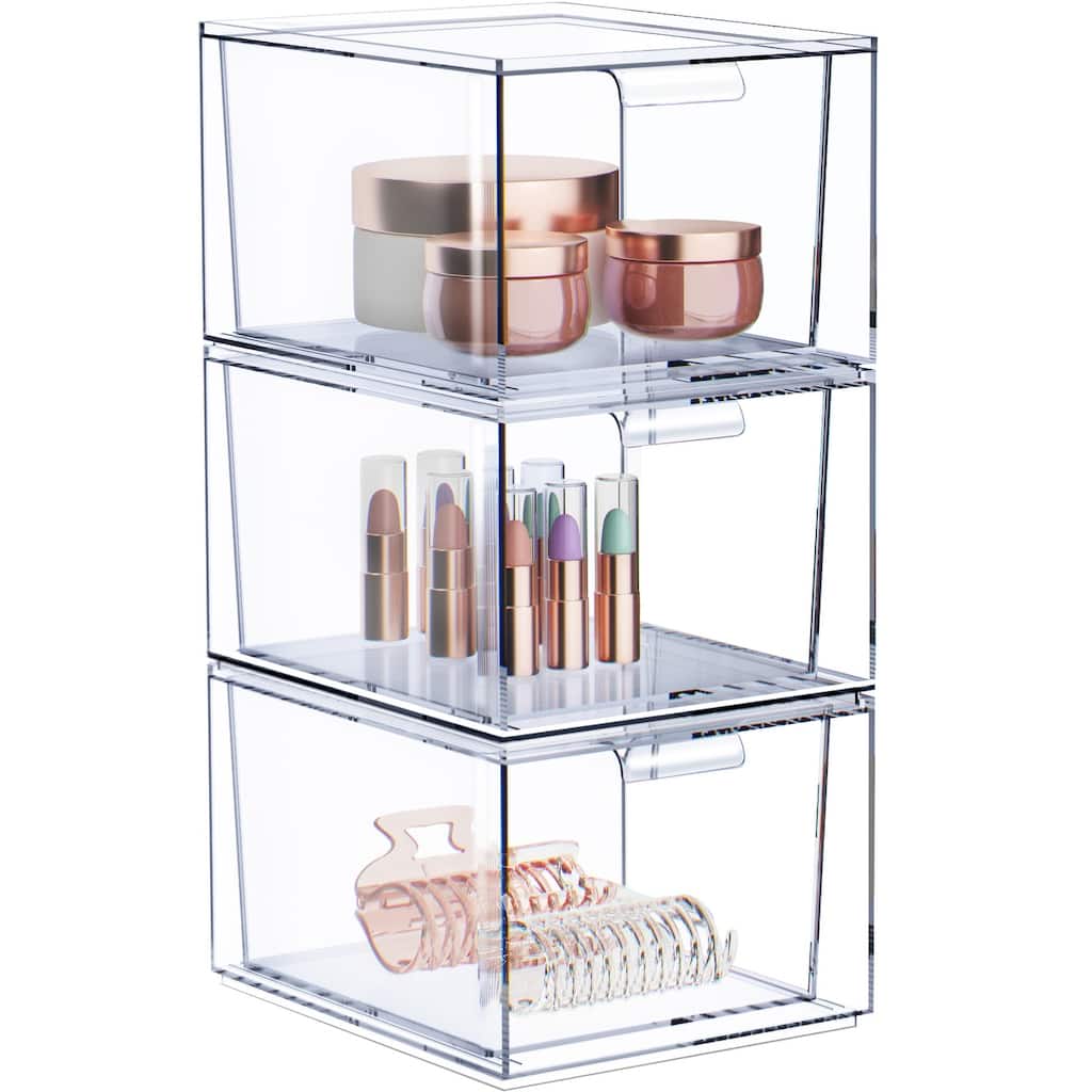 Sorbus Acrylic Cosmetic Vanity Makeup Organizer Drawer 3 Pack Clear Stackable Bathroom Undersink Cabinets Jewelry Office Storage