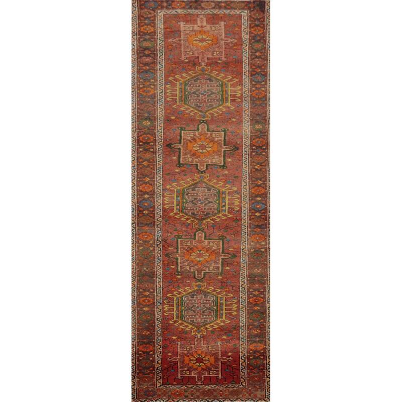 Hand Knotted Oriental 100% Wool Carpet Traditional Geometric Oranges & Rust Heriz Runner Rug - 10' 7'' X 3' 1''