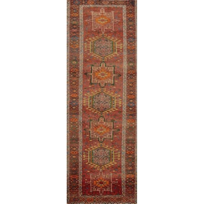 Hand Knotted Oriental 100% Wool Carpet Traditional Geometric Oranges & Rust Heriz Runner Rug - 10' 7'' X 3' 1''