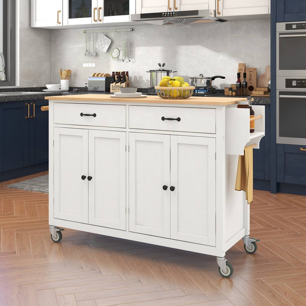 Kitchen Island Cart with Solid Wood Table Top and Locking Wheels, 4 Door Cabinet and 2 Drawers, Spice Rack, Towel Rack