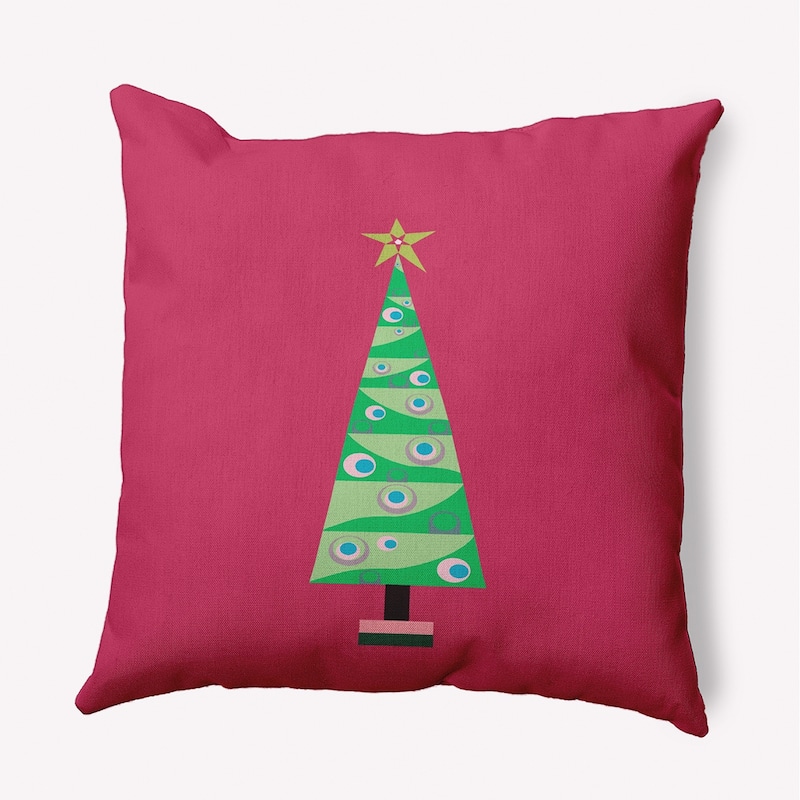 Cartoon Christmas Tree Indoor/Outdoor Throw Pillow - 18" x 18" - Holiday Pink