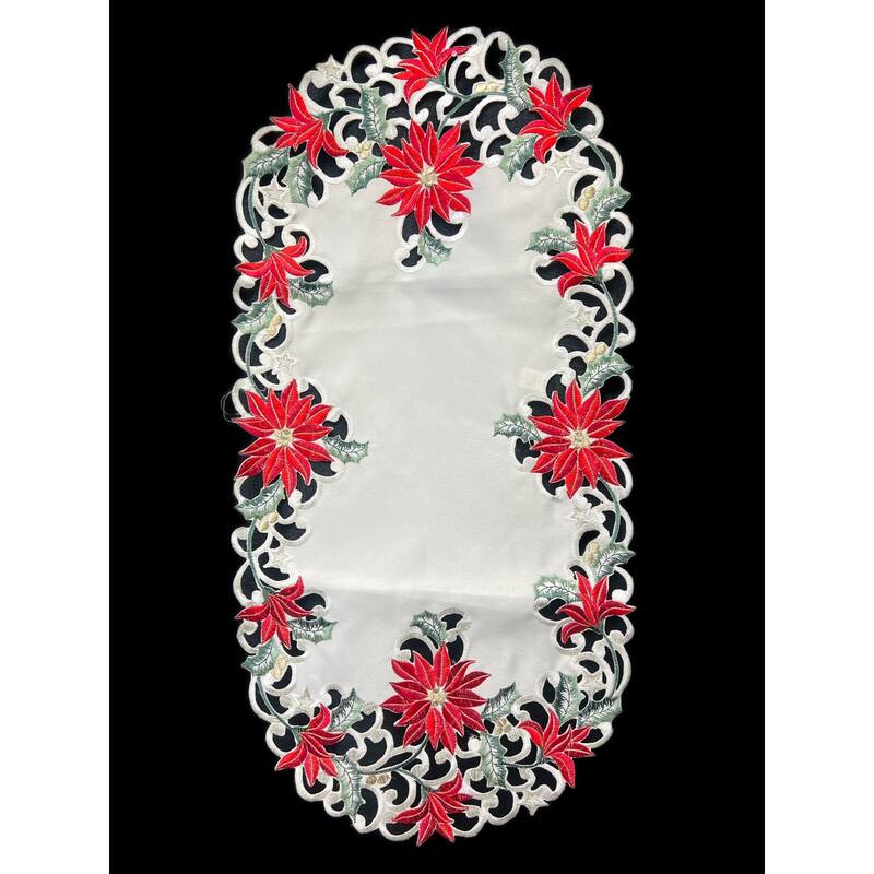 Christmas Poinsettia Embroidered Cutwork Rectangular Table Runner, 13 by 27 inch