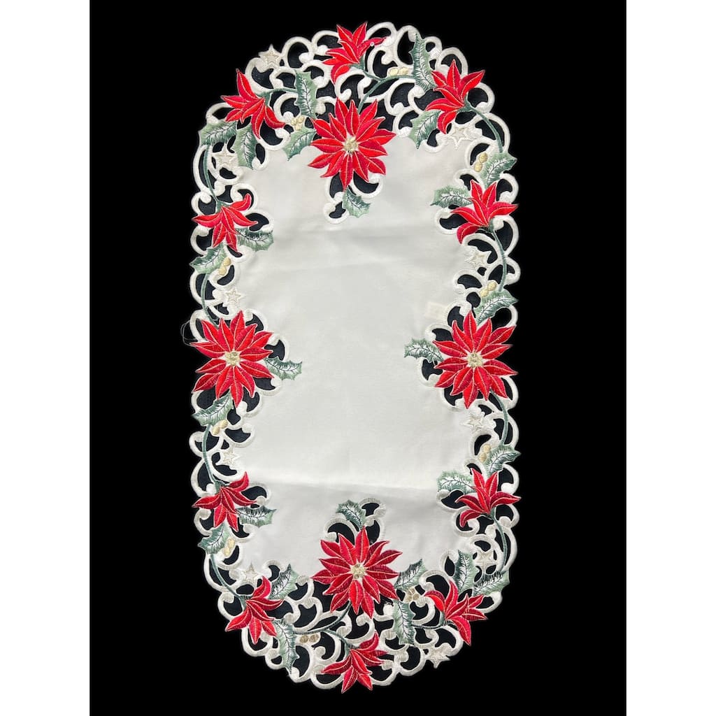 Christmas Poinsettia Embroidered Cutwork Rectangular Table Runner, 13 by 27 inch