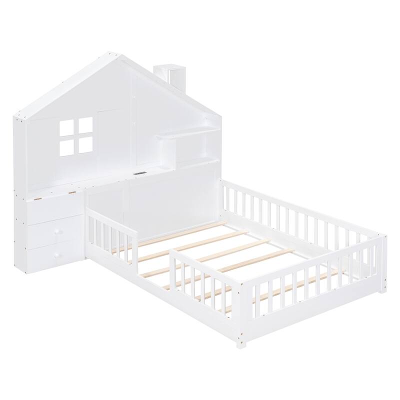 House Bed with Window and Bedside Drawers, Platform Bed with Shelves and a set of Sockets and USB Port