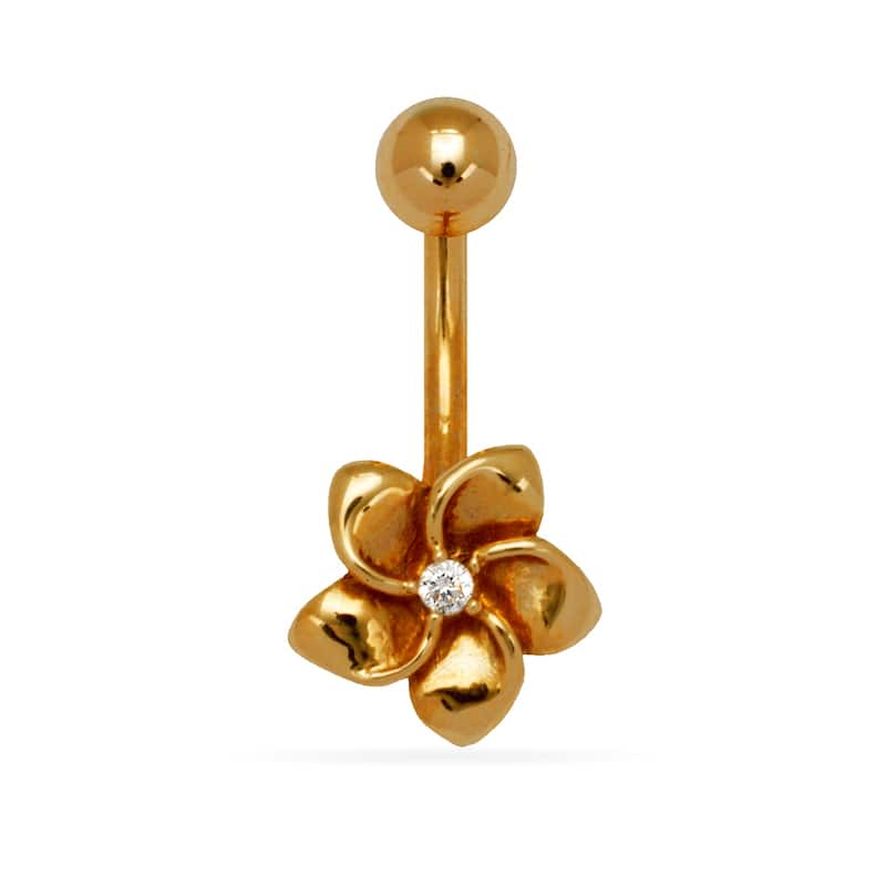 Curata 14k Yellow or White Gold 14-Gauge Cubic Zirconia Plumeria Flower Belly Ring