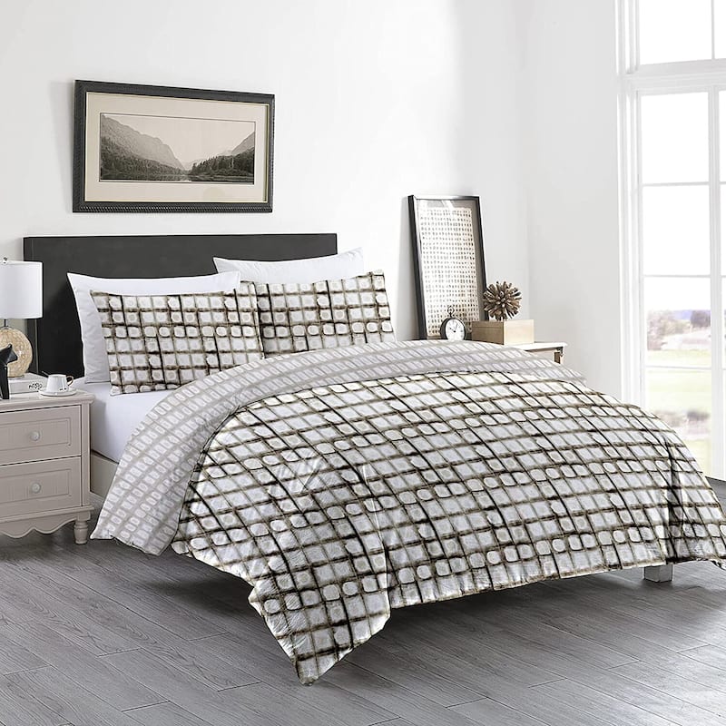Delara GOTS Certified 100% Organic Cotton Damask Reversible Print Duvet Cover and Sham Set of 2, White/Brown