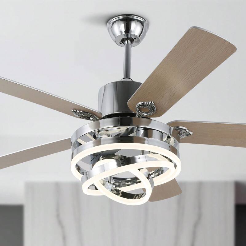 Cusp Barn 52" Chandelier Ceiling Fans with Lights Modern DIY Shape Fandelier DC Silent Motor LED Ceiling Light for Bedroom - Chrome