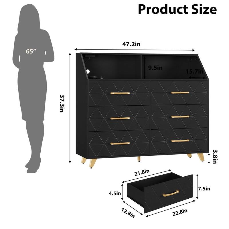6 Drawer Dresser with Charging Station and Storage Shelf, 47" Wide Modern Wooden Chest for Bedroom