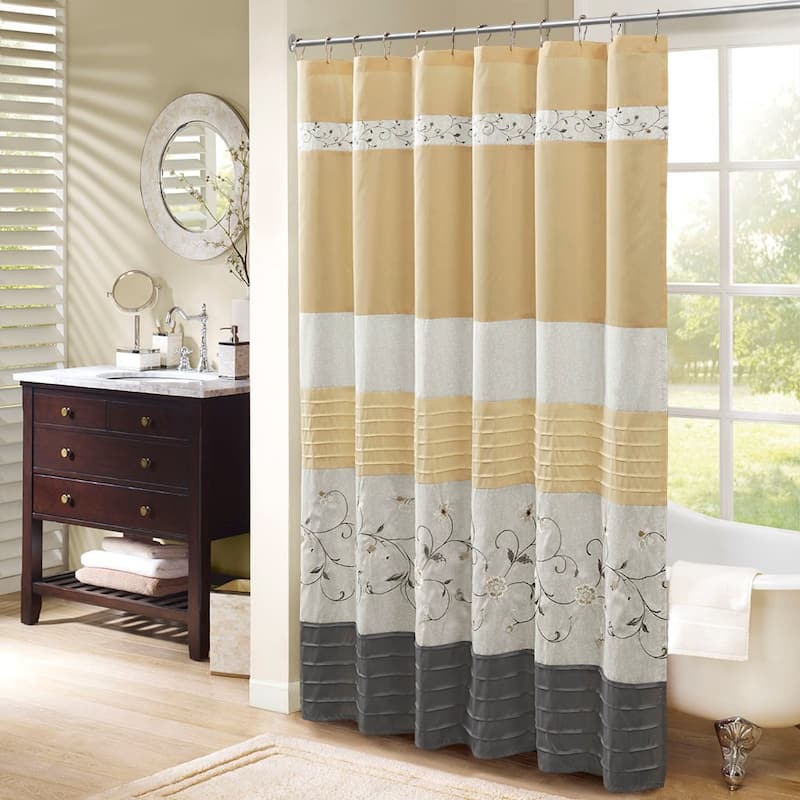 100% Polyester Floral Embroidery Shower Curtain, 72" x 72" Faux Silk Shower Curtain Panel Machine Washable - Yellow