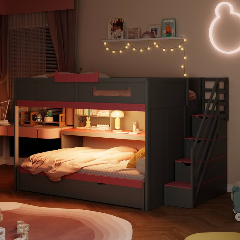 Roomfitters Full Over Full Bunk Bed with Twin Trundle, Storage Staircase & LED Lighting, Functional Space Saving Sleeper