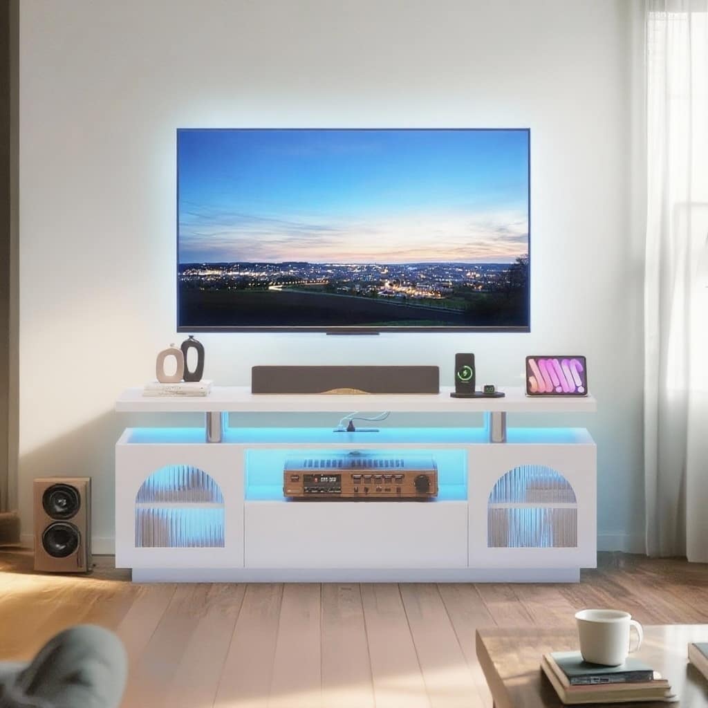 TV Stand for 65 inch TV, with Power Outlets and LED Lights
