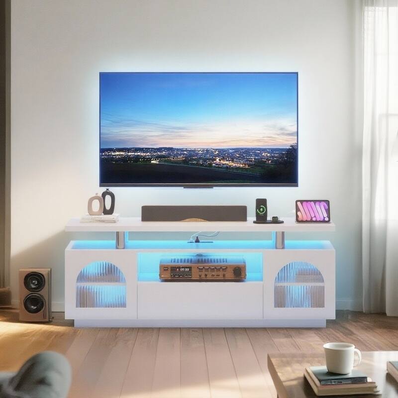 TV Stand for 65 inch TV, with Power Outlets and LED Lights - White