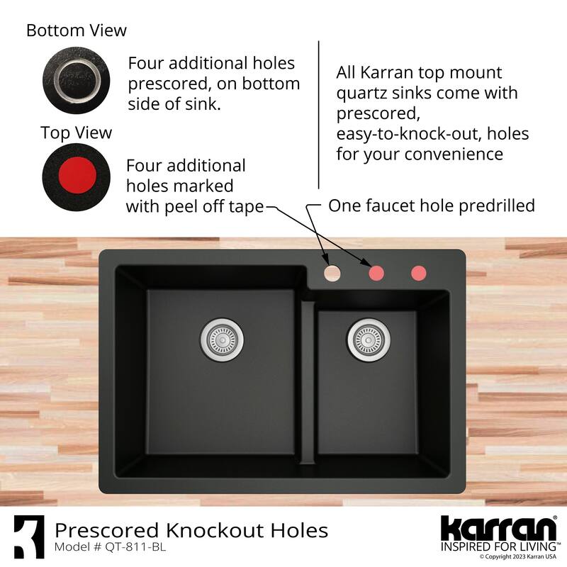 Karran 33" Top Mount Large/Small Bowl Quartz Kitchen Sink Kit - 33" x 22" x 9"