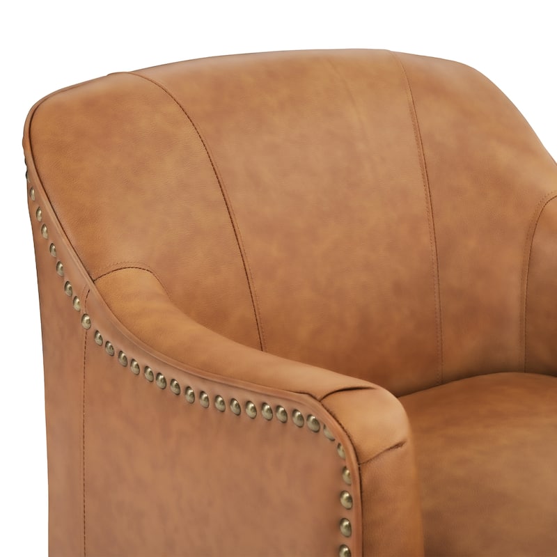 Modern Genuine Leather 360° Swivel Upholstered Accent Barrel Chair with Metal Base for Living Room
