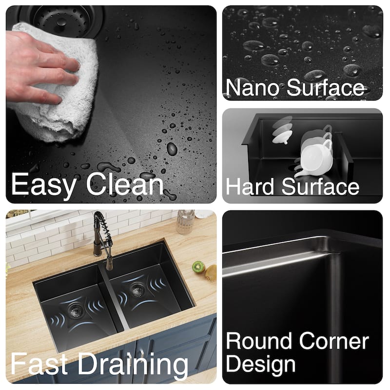 33 inch Upgrade Black Doubel Bowl Undermount Workstation Stainless Steel Sink, 18 Gauge Single Bowl Stainless Steel