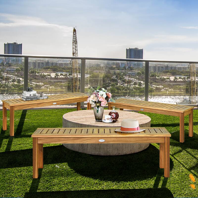 Costway 2Pcs 52'' Outdoor Acacia Wood Dining Bench Chair with Slatted - See Description