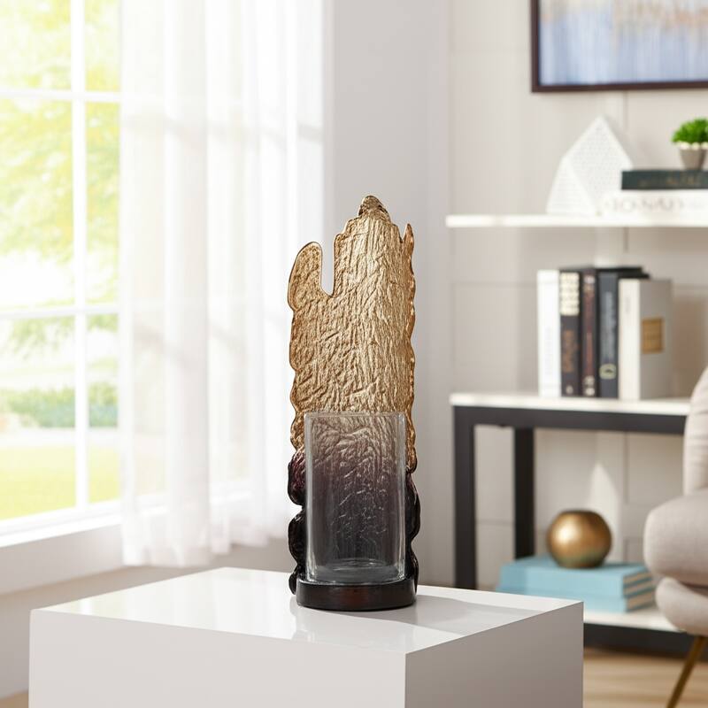Metal Glass Candle Holder Pillar Backplate Artisan-Inspired Accent - 5" x 5" x 14"